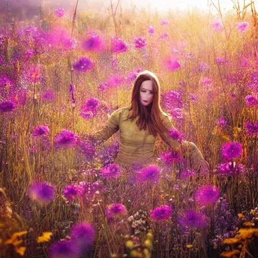 Image similar to hyper realistic cinematic photo human body made of wild flowers, golden hour