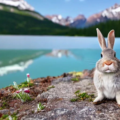 Prompt: a rabbit eating edelweiss on a mountain lake, close - up shot