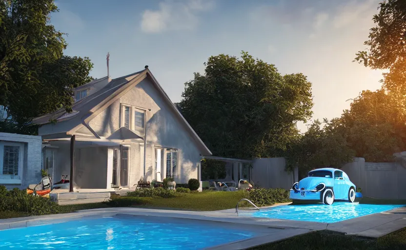 Image similar to a vw beetle parked near a modern small house with a pool at sunrise, concept art, octane render, unreal engine 5, trending on artstation, high quality, highly detailed, 8 k, soft lighting, path traced, godrays, lens flare, hyperrealistic, symmetrical, low contrast, digital art, beautiful, elegant