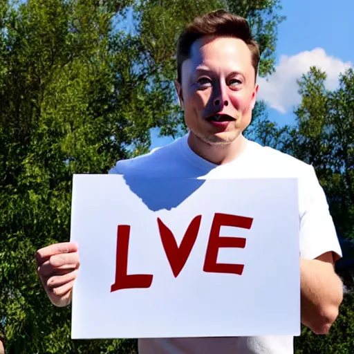 Image similar to Elon Musk holding a sign saying I Love You, highly detailed, high quality, HD, 4k, 8k, Canon 300mm, professional photographer, 40mp, lifelike, top-rated, award winning, realistic, sharp, no blur, edited, corrected, trending