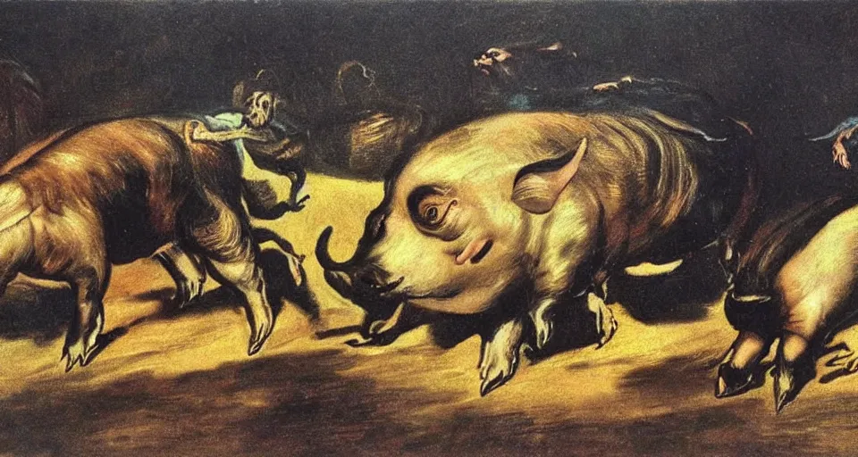Image similar to trading pigs for swine by salvador dali and goya