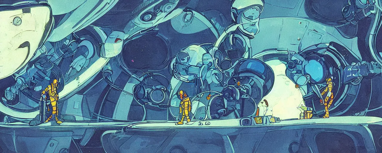 Prompt: a portrait of astronaut pilot on field spaceship station landing laying lake artillery outer worlds in FANTASTIC PLANET La planète sauvage animation by René Laloux