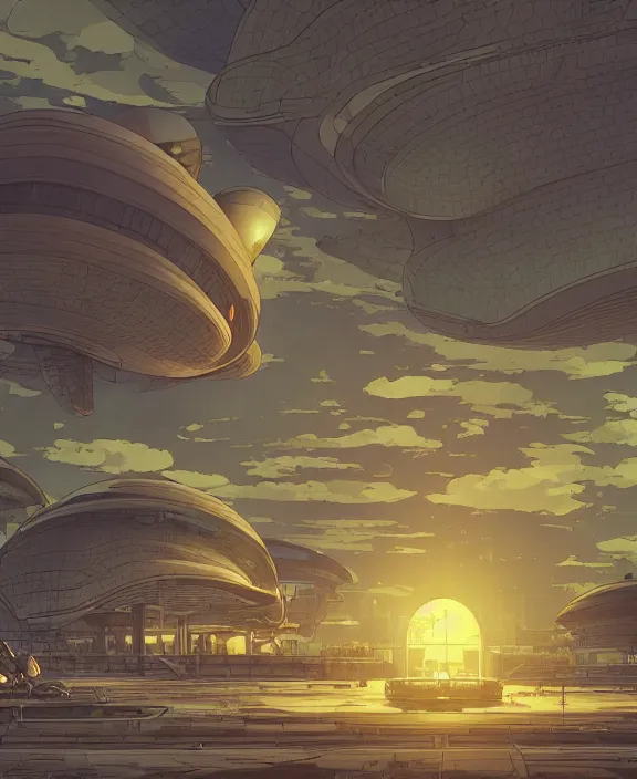 Image similar to simplicity, three buildings made out of nautilus, in the style of a spaceship, partly cloudy, dramatic lighting, by geof darrow, bill sienkiewicz, dan mumford, yusuke murata, makoto shinkai, ross tran, cinematic, unreal engine, cel shaded, featured on artstation, pixiv