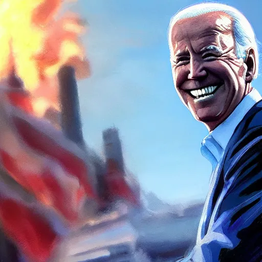 Image similar to joe biden smiling while behind him the world is burning, dramatic lighting, cinematic, establishing shot, extremly high detail, photorealistic, cinematic lighting, artstation, style by James Gurney