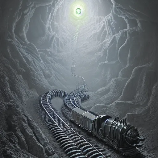 Image similar to photorealistic centipede thomas the train in the style of michael whelan and gustave dore. hyperdetailed photorealism, 1 0 8 megapixels, amazing depth, glowing rich colors, powerful imagery, sinister overtones, 3 d finalrender, 3 d shading, cinematic lighting, artstation concept art