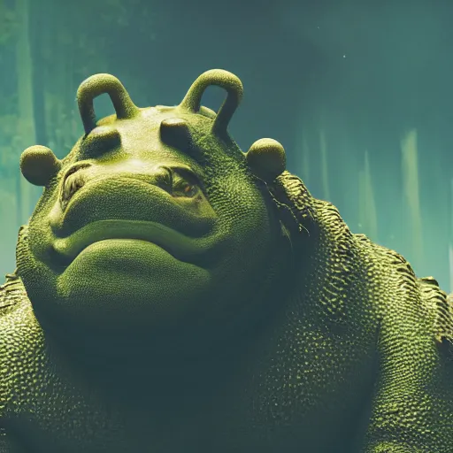 Image similar to Kanye West riding an ((aligator)), next to ((Shrek)), splash art, movie still, cinematic lighting, dramatic, octane render, long lens, shallow depth of field, bokeh, anamorphic lens flare, 8k, hyper detailed, 35mm film grain