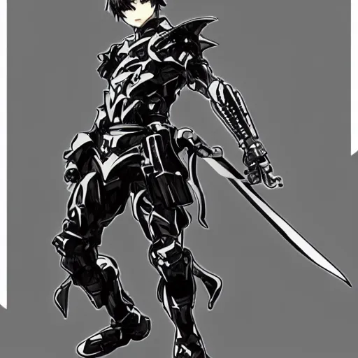 Prompt: An anime teen holding a sword filled with energy, wearing armor, drawn by Yoji Shinkawa, highly detailed, trending on art station, sci-fi themed, dynamic posing