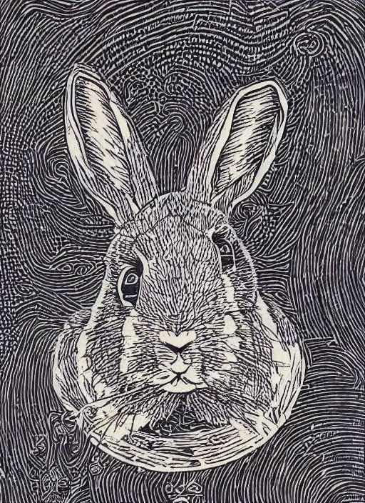 Prompt: rabbit woodcut print by Samuel Jessurun de Mesquita