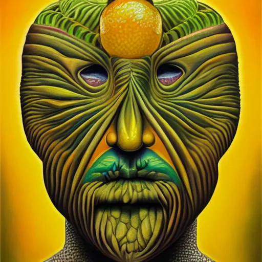 Image similar to Alex Grey painting of Lemonus, the lemon god of citrus, highly detailed, symmetrical, trending on artstation