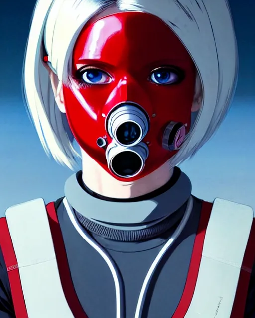 Prompt: white haired cyborg girl wearing gas mask and red dress | | audrey plaza, fine detail!! anime!! realistic shaded lighting!! poster by ilya kuvshinov katsuhiro otomo ghost - in - the - shell, magali villeneuve, artgerm, jeremy lipkin and michael garmash and rob rey