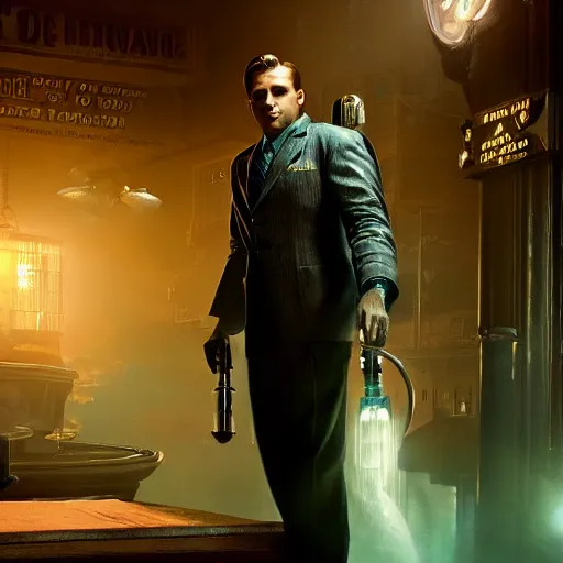 Image similar to a highly detailed cinematic photo from a live - action bioshock movie. andrew ryan, portrayed by ryan gosling, is shown standing in a 1 9 3 0's office with a large desk in front of a floor - to - ceiling window looking out onto the underwater city of rapture shining in the distance, several fish are shown outside of the window