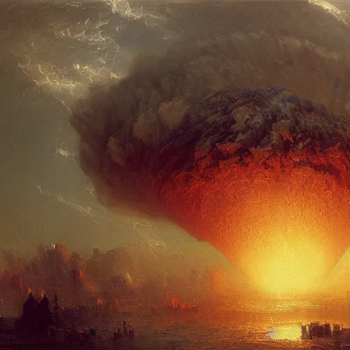 Prompt: An atom bomb explosion in Mumbai, by Thomas Cole, by Carl Gustav Carus, by Wadim Kashin, oil on canvas, masterpiece, trending on ArtStation