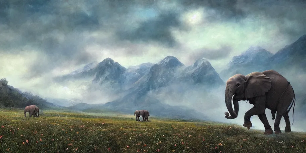 Image similar to purple coloured elephant running, raining, mountain, behind meadow, menacing, illustration, detailed, smooth, soft, cold, by Adolf Lachman, Shaun Tan, Surrealism