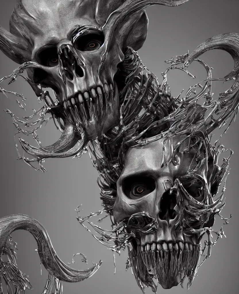 Image similar to close-up macro portrait of the face of a Joe Biden ram skull mask, epic angle and pose, ribcage skeleton symmetrical artwork, 3d with depth of field, blurred background, cybernetic jellyfish female face skull phoenix bird, translucent, nautilus, energy flows of water and fire. a highly detailed epic cinematic concept art CG render. made in Maya, Blender and Photoshop, octane render, excellent composition, cinematic dystopian brutalist atmosphere, dynamic dramatic cinematic lighting, aesthetic, very inspirational, arthouse. y Greg Rutkowski, Ilya Kuvshinov, WLOP, Stanley Artgerm Lau, Ruan Jia and Fenghua Zhong