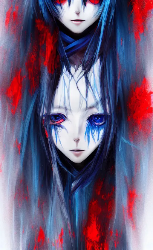Prompt: ''female anime character, blue long hair, red eyes, creepy eyes, creepy art, dark, character concept, digital painting, concept, 4 k''