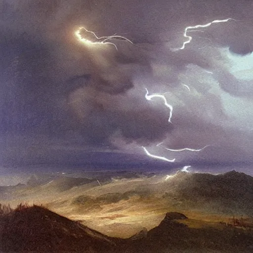 Image similar to “painting, mountain top in a storm being struck by lightning”