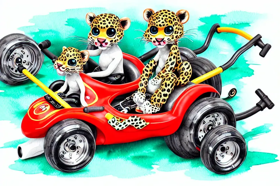 Prompt: cute and funny, baby leopard riding in a tiny go kart with oversized engine, ratfink style by ed roth, centered award winning watercolor pen illustration, isometric illustration by chihiro iwasaki, edited by range murata, tiny details by artgerm and watercolor girl, symmetrically isometrically centered