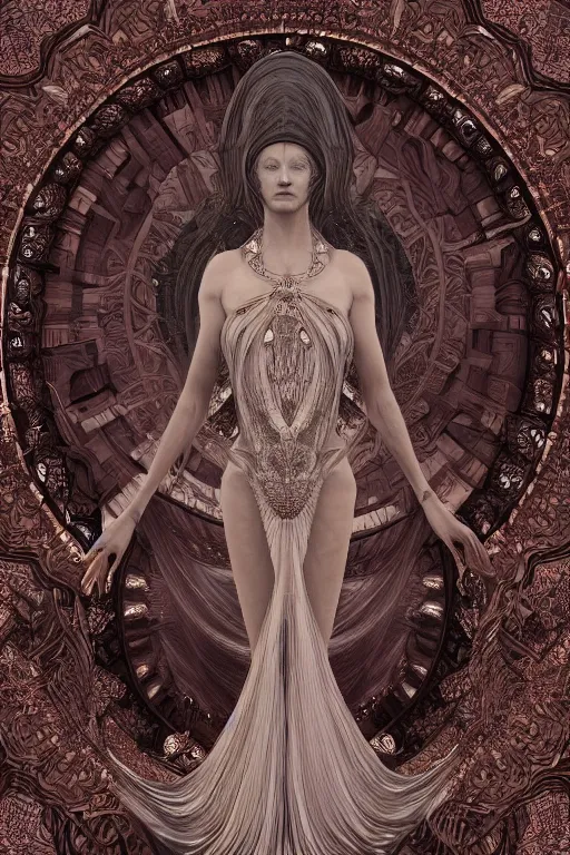 Image similar to a realistic dark photo of a beautiful ancient alien woman goddess nataraja kate moss standing in iris van herpen dress jewelery and fractals in style of alphonse mucha art nuvo dmt trending on artstation made in unreal engine 4