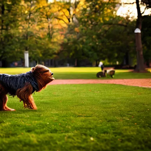 Image similar to chewbacca as a dog chasing a frisbee in the park, action photography, depth of field