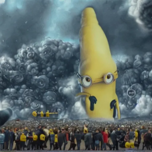 Image similar to minions characters at the hindenburg disaster.