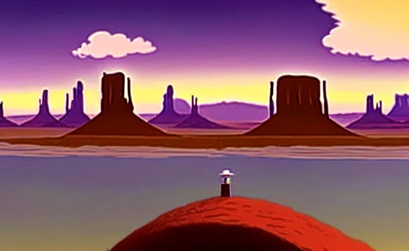 Prompt: a cell - shaded cartoon movie still from howl's moving castle ( 2 0 0 4 ) of a chrome ufo over a flooded monument valley at sunset. very dull muted colors, hd, 4 k, hq