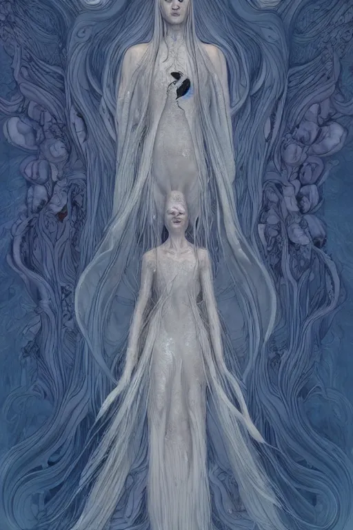 Image similar to the white lady in a dress with long hairs, art by James Jean and Wayne Barlowe, high detail, cinematic, cgsociety 8k