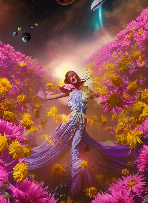 Image similar to An epic fantastic realism comic book style painting of the most beautiful flowers launched into space, bouquets, glorious galactic collision, sharp focus, fisheye, unreal 5, DAZ, hyperrealistic, octane render, dynamic lighting