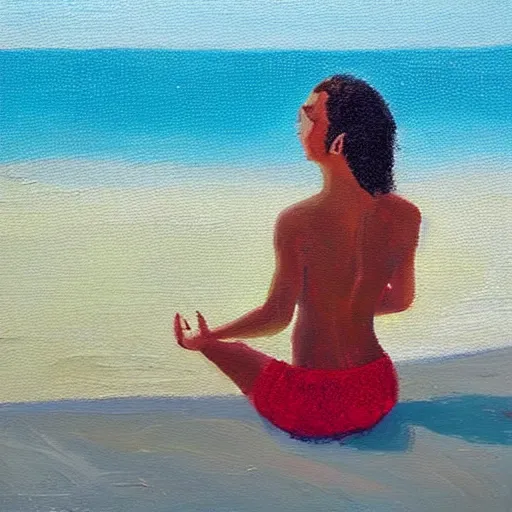 Image similar to freckled woman meditating on beach in caribbean, oil on canvas