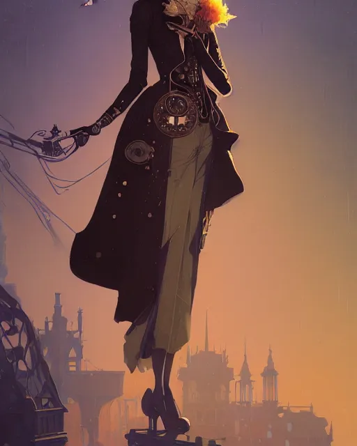 Prompt: a mysterious beautiful woman, aristocrat cloak, steam punk, detailed mechanical parts, fantasy, androgynous, digital painting by ilya kuvshinov, greg rutkowski, wlop, james jean, victo ngai, beautifully lit, muted colors, highly detailed, dynamic pose, artstation, fantasy art, intricate background by craig mullins and thomas kinkade