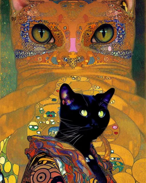 Image similar to burglar cat portrait an oil painting splashes with many colors and shapes by gustav klimt greg rutkowski and alphonse mucha, polycount, generative art, psychedelic, fractalism, glitch art