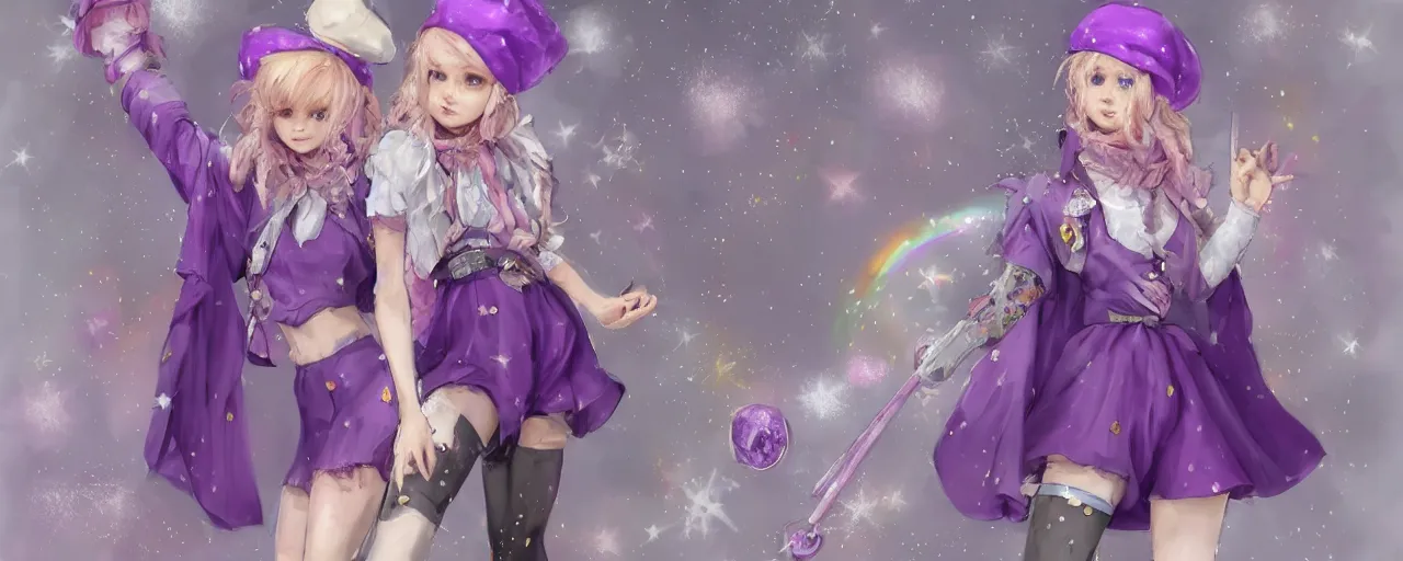 Image similar to A character sheet of a cute magical girl with short blond hair and freckles wearing an oversized purple Beret, Purple overall shorts, Short Puffy pants made of silk, pointy jester shoes, a big scarf, and white leggings. Rainbow accessories all over. Covered in stars. Short Hair. Beautiful Face. Fantasy. By Seb McKinnon. By WLOP. By Artgerm. By william-adolphe bouguereau. By Alphonse Mucha. By Frederic Leighton. Decora Fashion. harajuku street fashion. Kawaii Design. Intricate. Highly Detailed. Digital Art. Fantasy. CGSociety. Sunlit. 4K. UHD. HyperMaximalist. Denoise. Hyper realistic.