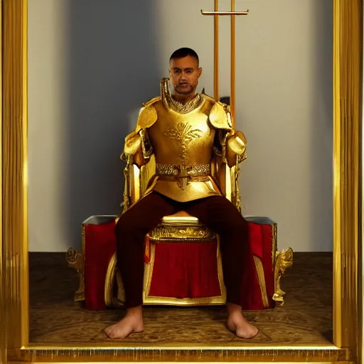 Image similar to modern self portrait of man sitting on throne, legs crossed, while holding a sword, white man, hispanic, brown hair, light skin, golden throne, red robes, 8 k, hi - rez, circles, lamented, clear, brown eyes, colored, sharp, realistic, 3 d