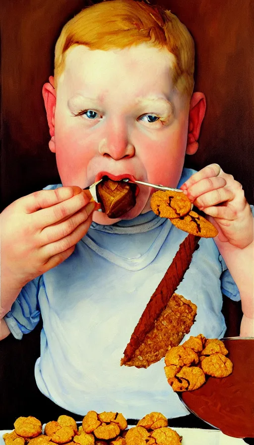 Prompt: painting of a ginger hair chubby boy eating a delicious cholocate chunks cookies, buzz cut, america, norman rockwell