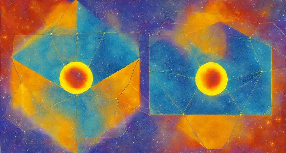 Image similar to solar sail in the shape of a hexagon blocking the sun, seen from earth, art deco painting