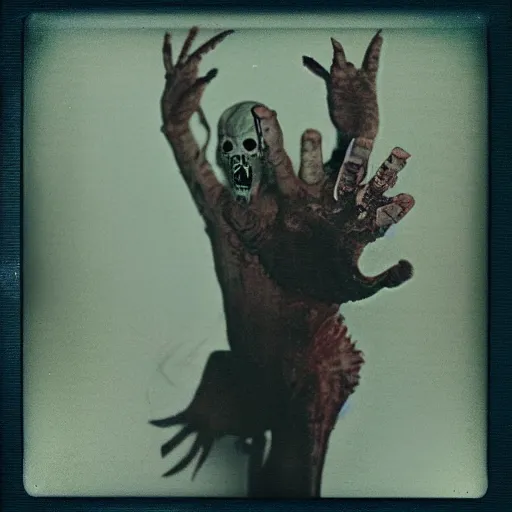 Image similar to transparent horror monster polaroid interior photo, dynamic pose, full body shot, sharp focus, grainy, flashlight