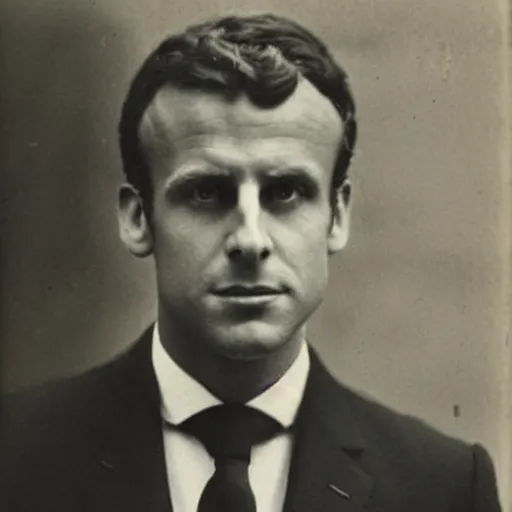 Image similar to photograph of emmanuel macron by edwardian, male, 1 9 0 0 s, 1 9 1 0 s, grainy, slightly blurry, faded, realistic face