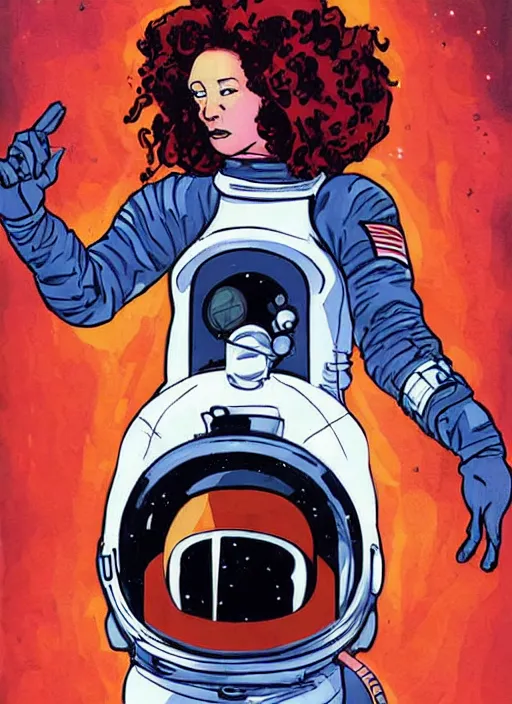 Image similar to a woman with red hair floating in space. she is an astronaut, she is wearing a space suit. well composed, clean elegant painting, beautiful detailed face. comic book art with heavy black outlines by mike mignola