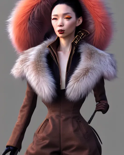 Image similar to fur - lined dragonhide jacket!!! beautiful and elegant female!! gorgeous ayes!! character concept art, sharp focus, illustration, artgerm!! yusuke murata! wlop!! ilya kuvshinov!! marc brunet!! octane render! unreal engine 5! highly rendered!! trending on artstation!! cgi vfx!