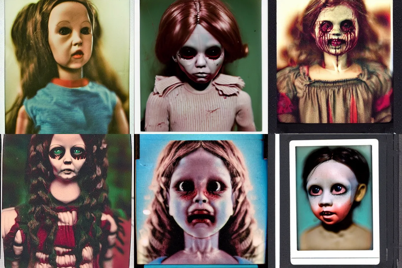 Prompt: A highly detailed head and shoulders masterpiece color polaroid of a doll horror, scary, terrifying, horrific