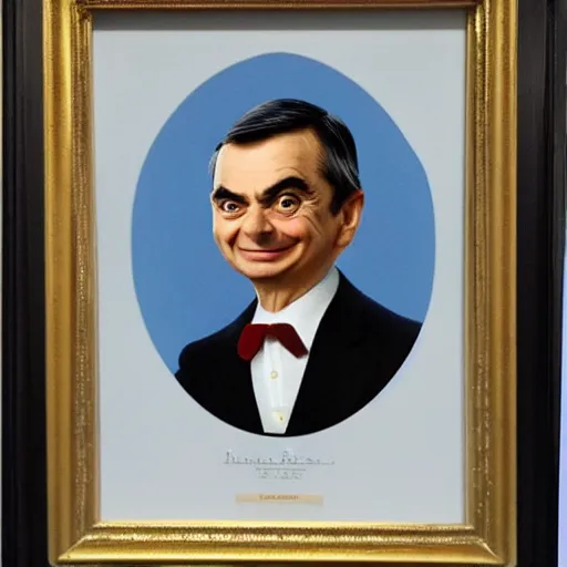 Image similar to Official US president portrait of Mr Bean, white house, USA flag