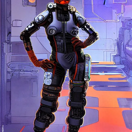 Image similar to cyberpunk mechanic lady in a jumpsuit with robotic feet and a cyberpunk eyepiece. orange and black color scheme. concept art by james gurney and mœbius. apex legends character art. gorgeous face.