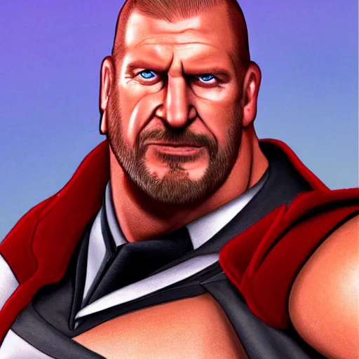 Prompt: Head-to-shoulder shot of Triple H as a Disney character wearing his in-ring gear, Disney, cartoon, Disney style, 2d, drawn image, beautifully drawn, Disney 2d animation still, digital 2D animation, traditional animation, Disney style, Disney animation, Deviantart, very coherent symmetrical artwork, heroic look, artstation