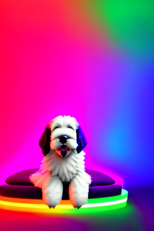 Image similar to a cute bernedoodle puppy sitting in gaming chair + neon rgb light strips, large computer monitor, mountains in background, vaporwave, dramatic, confident, rule of thirds, 4 k, award winning, octane render, volumetric lighting