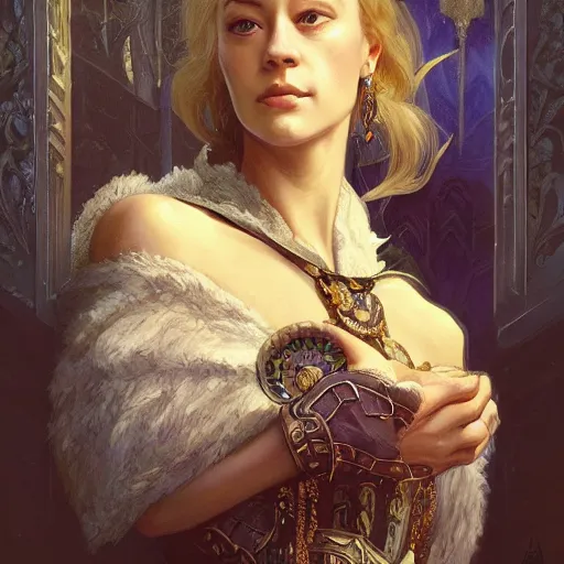 Image similar to a fantasy painting still portrait of cybil shepherd, deep focus, d & d, fantasy, intricate, elegant, highly detailed, digital painting, artstation, concept art, matte, sharp focus, illustration, dark fantasy style art, hearthstone, art by artgerm and greg rutkowski and alphonse mucha