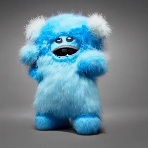 Image similar to nike fluffy monster made of very fluffy blue faux fur placed on reflective surface, professional advertising, overhead lighting, heavy detail, realistic by nate vanhook, mark miner