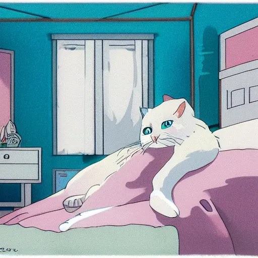 Image similar to a white ragdoll cat lies on the bed in the girl's bedroom, warm atmosphere, by studio ghibli