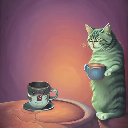 Prompt: cat full of rage clutching a cup of tea angrily, by cyril rolando and naomi okubo and dan mumford and ricardo bofill, HD, 4k