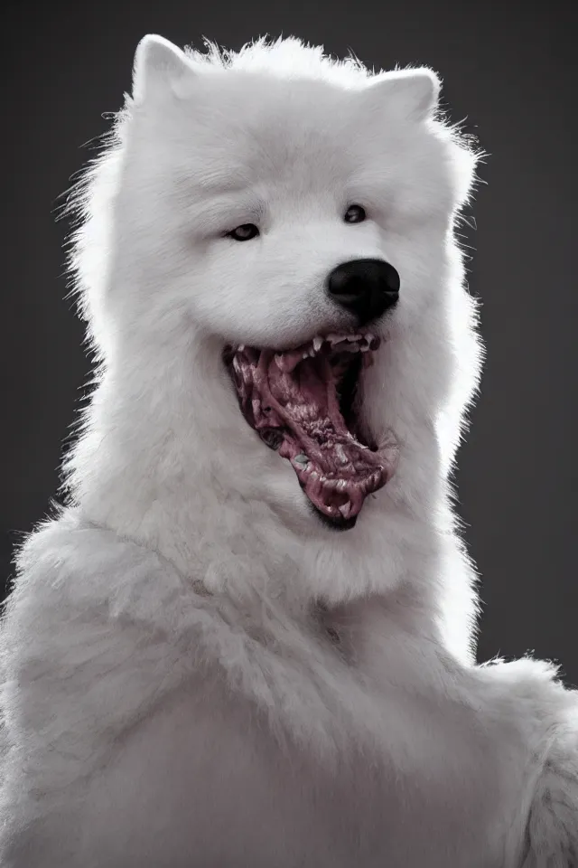 Prompt: samoyed dog head on a human body as a muay thai kickboxer, Wai Kru Ram Muay, world championship fight, photorealistic, cinematic lighting, film still