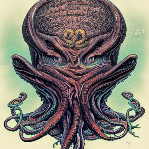 Image similar to upper body and head portrait of cthulhu, symmetrical, by yoichi hatakenaka, masamune shirow, josan gonzales and dan mumford, ayami kojima, takato yamamoto, barclay shaw, karol bak, yukito kishiro