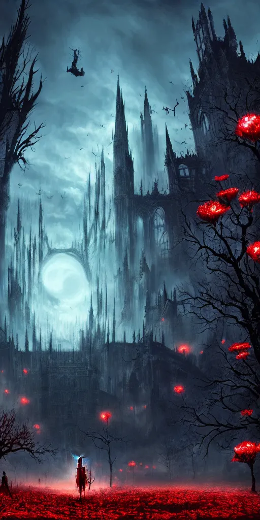 Image similar to populated bloodborne old valley with a dark person at the centre and a ruined gothic city in the background, trees and stars in the background, falling red petals, epic red - orange moonlight, perfect lightning, wallpaper illustration by niko delort and kentaro miura, 4 k, ultra realistic